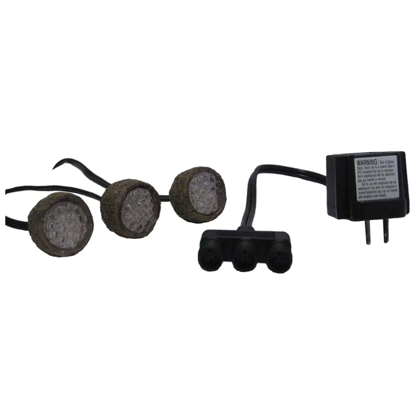 3-Pack LED Light Kit w/ 10 Watt Transformer with 3 rock-shaped mini LED lights, low voltage 15ft cords and MT10 power transformer