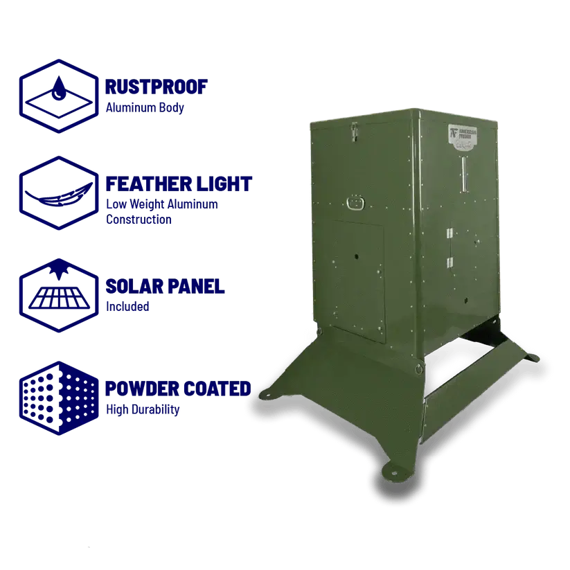 Bill Dance solar powered fish feeder 425 lb outdoor feeder with weatherproof steel cabinet, programmable digital timer, American Feeder R425