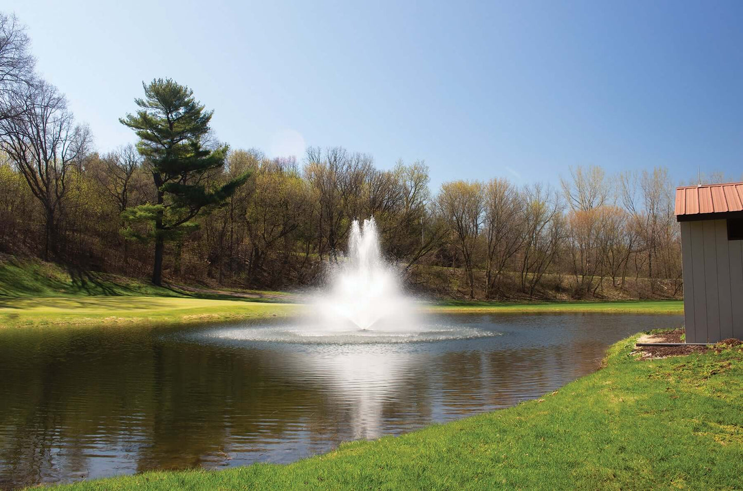 Kasco 8400JF 2 HP 3 phase decorative pond fountain 230V spraying tall display in large pond with shoreline and trees