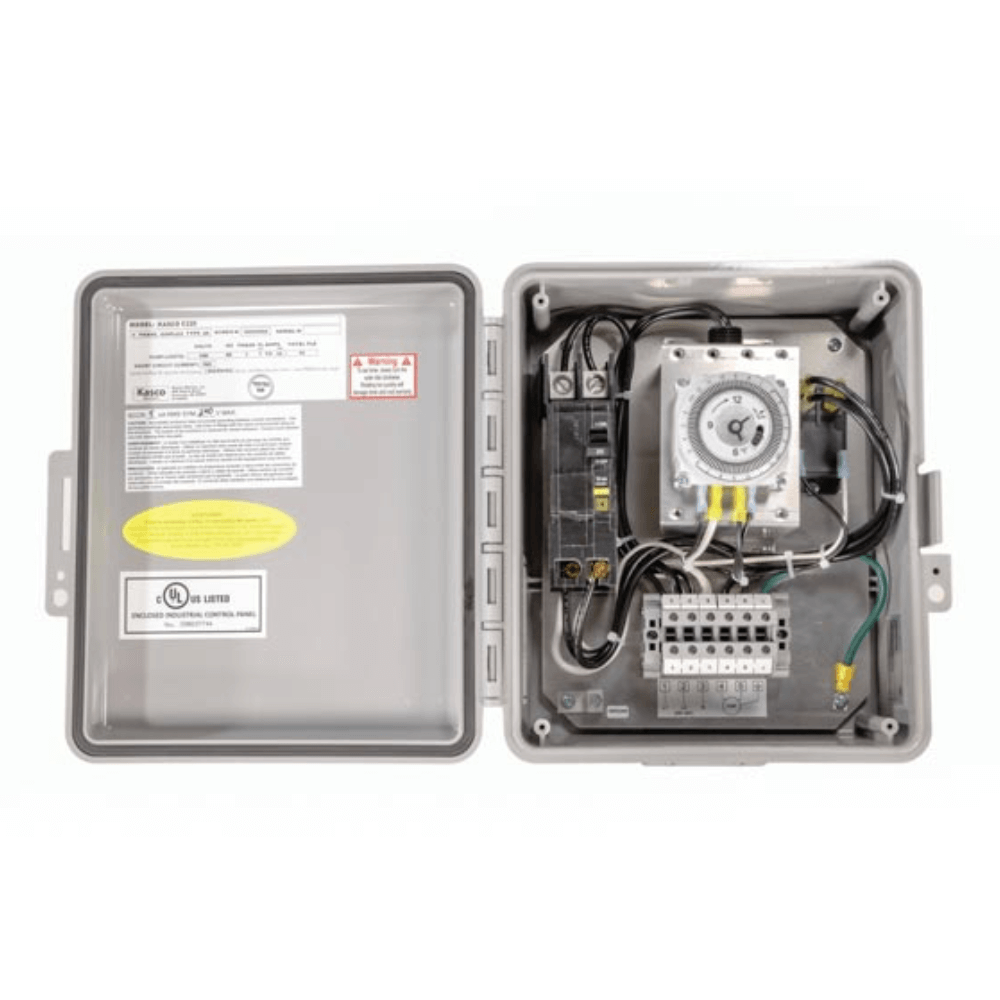 Kasco C-220 control panel with timer and photocell open enclosure showing wiring, timer dial, and terminal block for aerator or fountain control