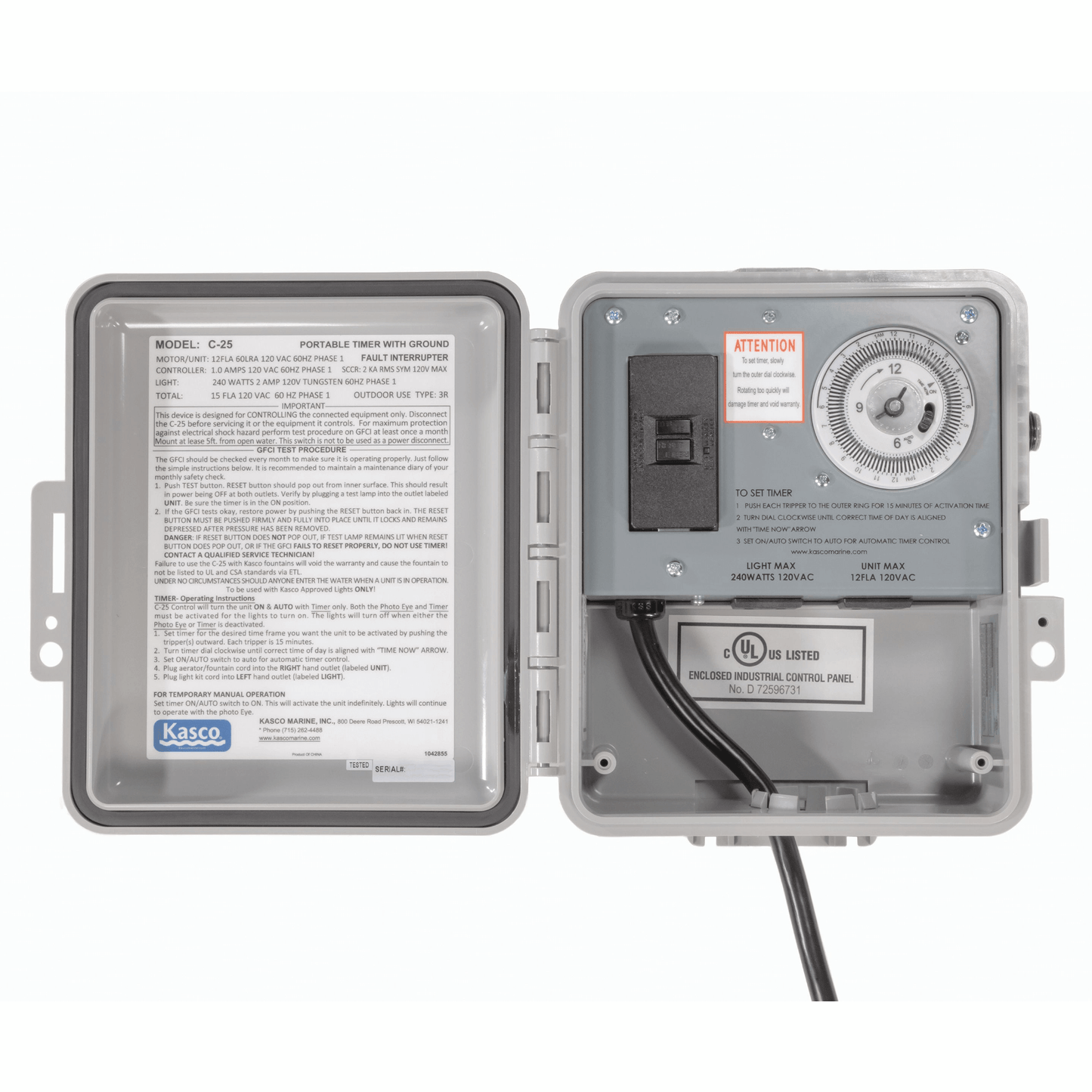 Kasco C-25 120V control panel with timer and photocell open enclosure showing timer dial, photocell, and wiring for aerator/fountain