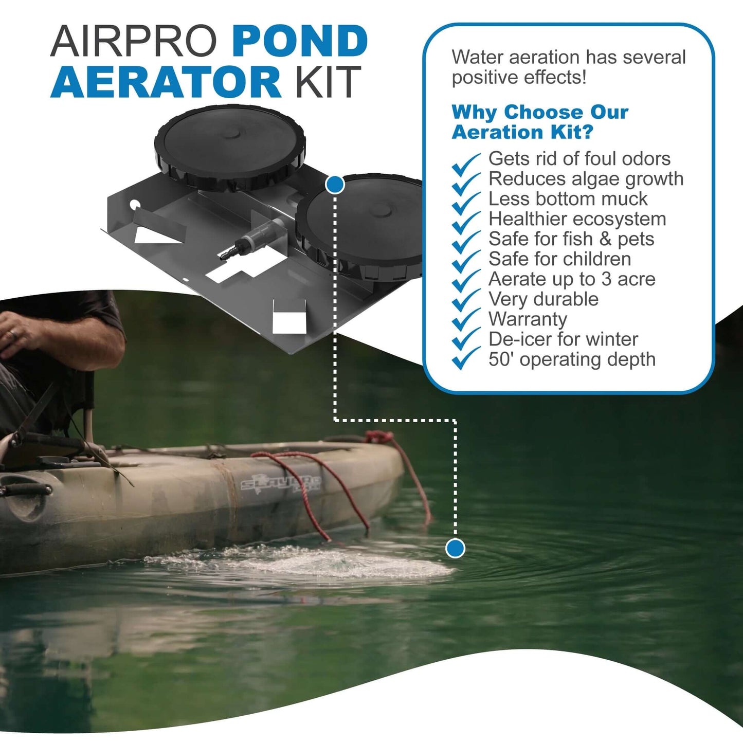 AirPro Deluxe Pond Aerator Kit - up to 3 Acre Ponds diffused aeration system for clear, healthy ponds up to 50 ft deep
