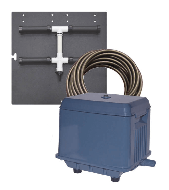 shallow pond aeration system kit with compressor, diffuser manifold and tubing for ponds up to 3/8 acre and 7 ft depth