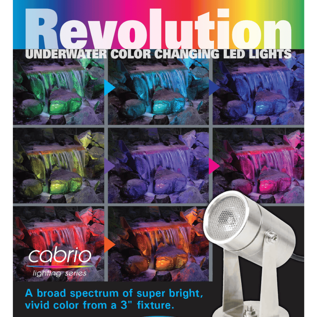 Cabrio Color Changing LED Submersible Light - 12 Volt AC, showcasing its vibrant color effects and stainless steel housing, ideal for custom lighting themes in outdoor or aquatic settings.