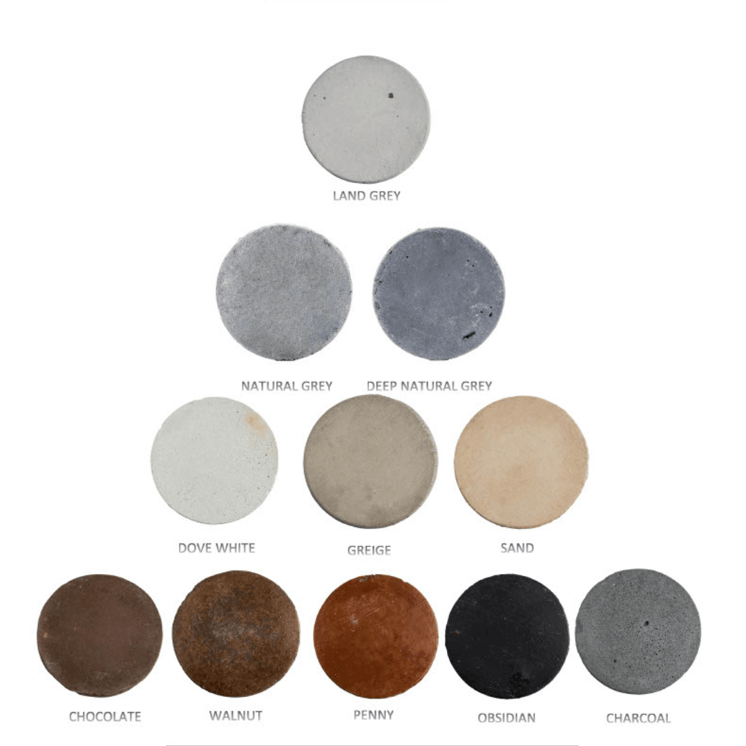 67 inch GFRC linear fire pit color samples in Land Grey, Natural Grey, Deep Natural Grey, Dove White, Greige, Sand, Chocolate, Walnut, Penny, Obsidian, Charcoal