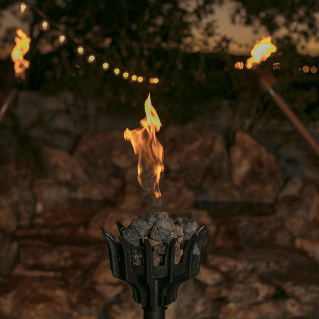 Malumai automated tiki torch for patios with tall flame, outdoor torch lighting at dusk