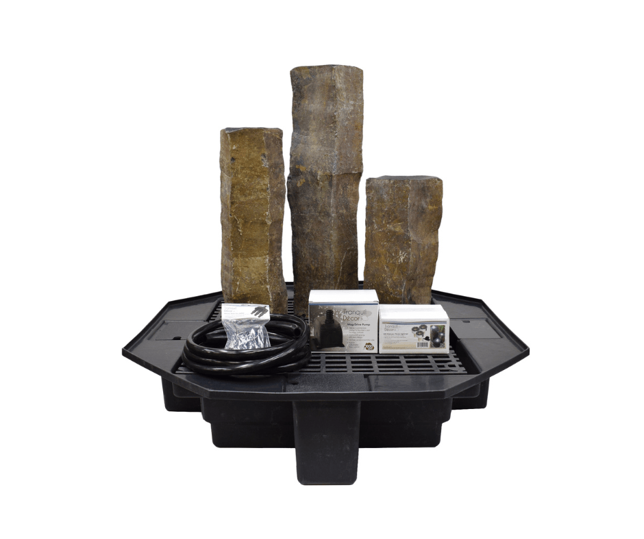 Natural beauty of Three Pack Basalts Complete Kit showing polished tops of 20'', 27'', 35'' Basalt columns for tranquil landscapes.