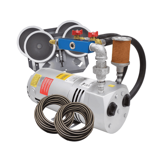 1/4 HP rotary vane pond aerator kit with Gast compressor, two valve manifold, pressure relief, and heat-reducing hose