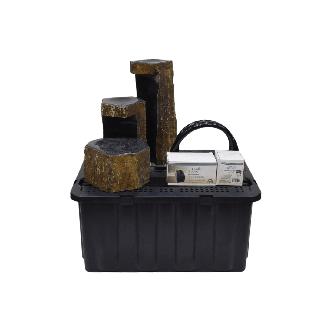 3 keyed basalt spillway column fountain kit with reservoir basin, pump and tubing for indoor or outdoor bubbling water feature