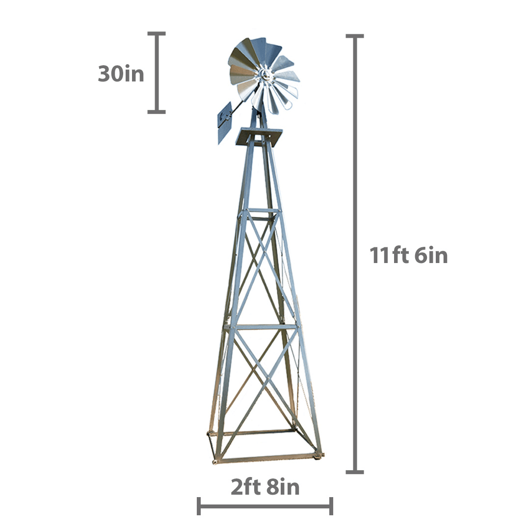 11 ft galvanized ornamental backyard windmill size diagram showing 11ft 6in height, 2ft 8in base width, and 30in rotor