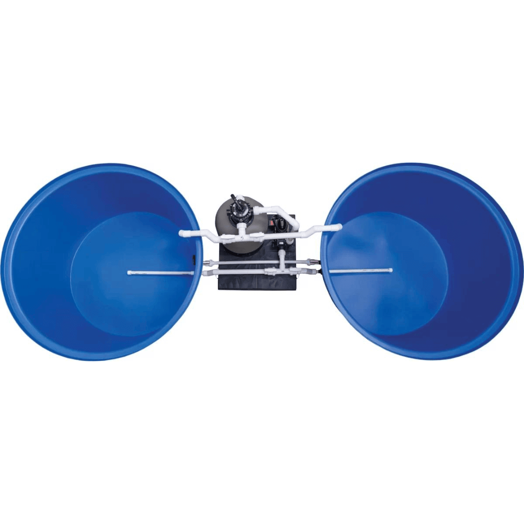150 lb fish tank system with filtration, dual blue tank tubs with central pump and plumbing for aquaponics and fish holding