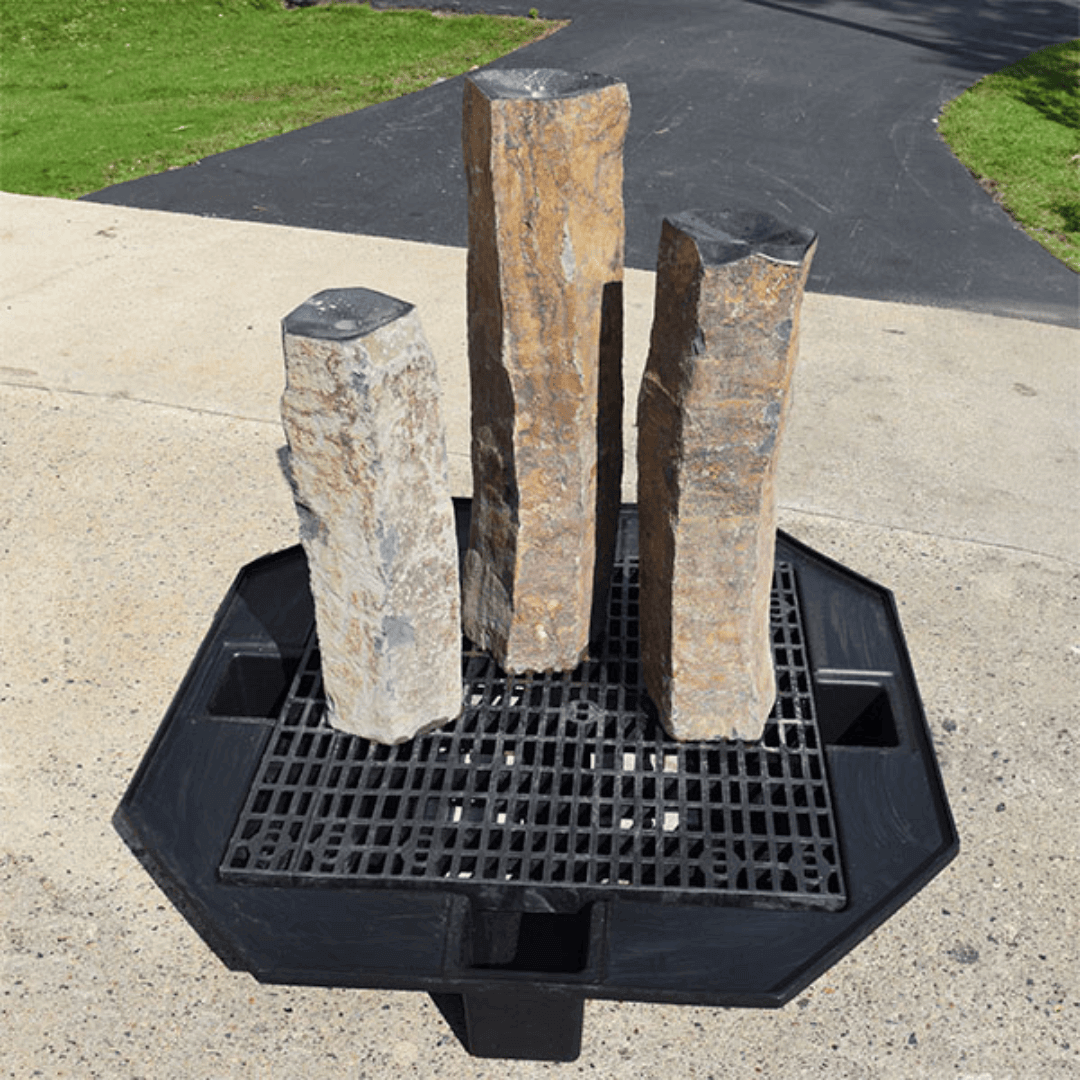 large polished basalt column fountain kit 3-piece set with drilled basalt columns on basin grate for bubbling water feature