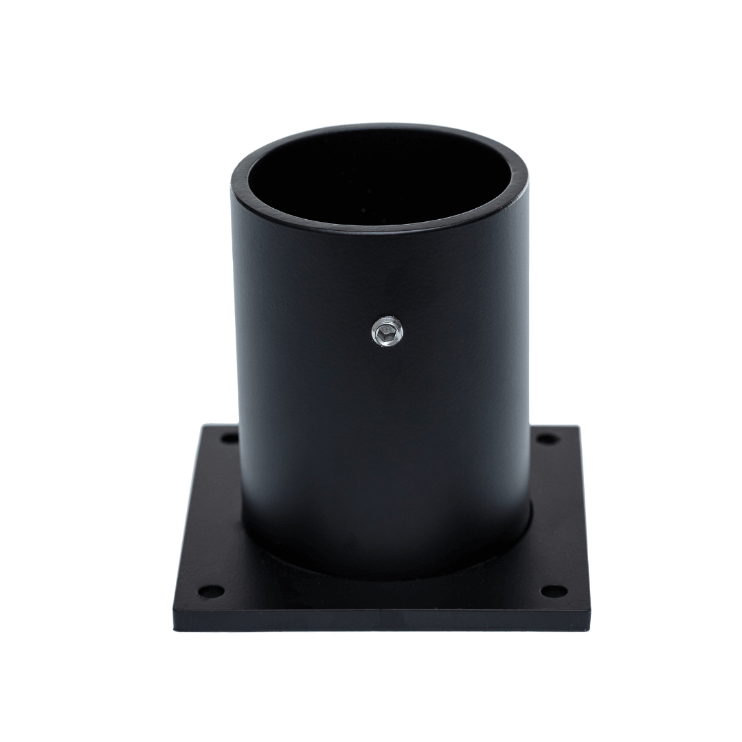 Black tiki torch deck mount for concrete walkway, square base deck bracket for concrete installations