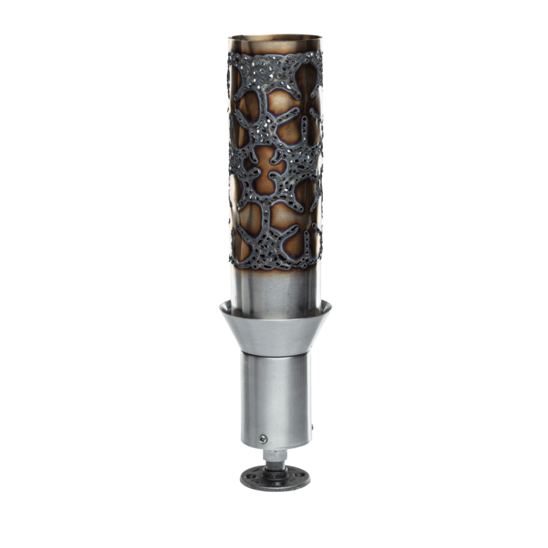 plumeria automated tiki torch Plumeria-inspired outdoor gas torch with automated ignition, decorative metal sleeve and warm ambient glow