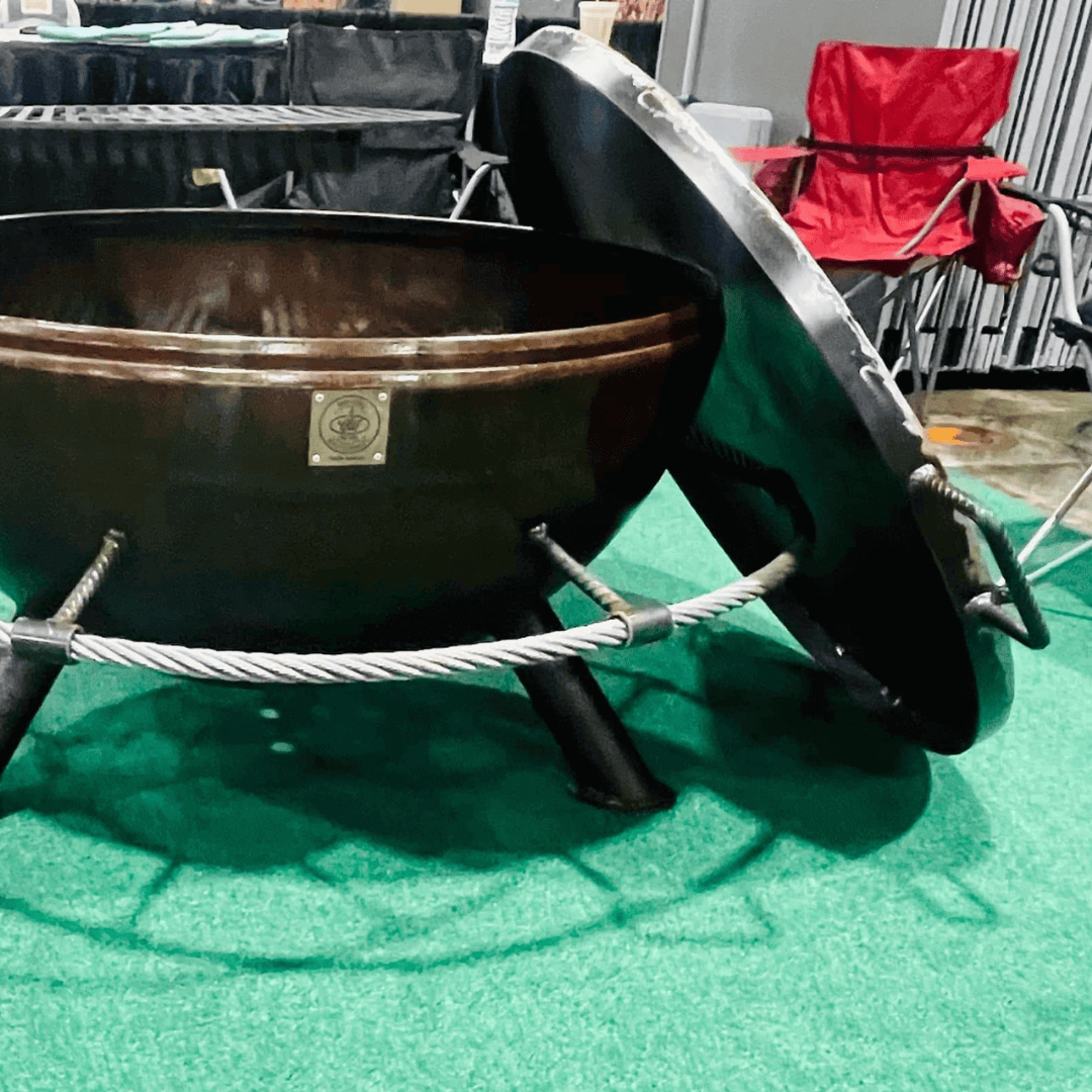 custom carbon steel fire pit lid for Good Works fire pit on Carbon Steel Fire Pit with lid leaning beside bowl