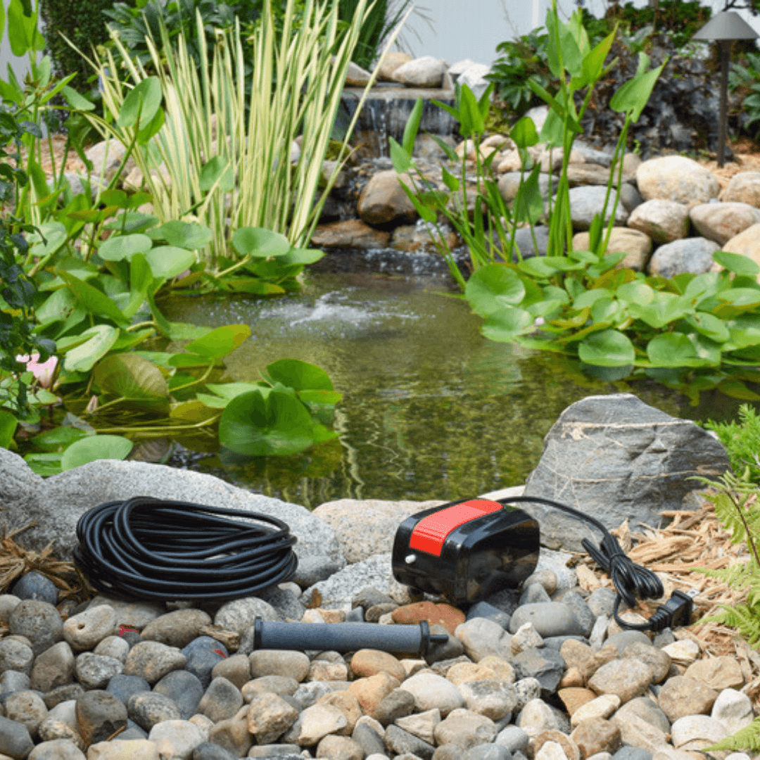 Compact pond aeration kit up to 1000 gallons with air pump, tubing and diffuser installed beside small garden pond