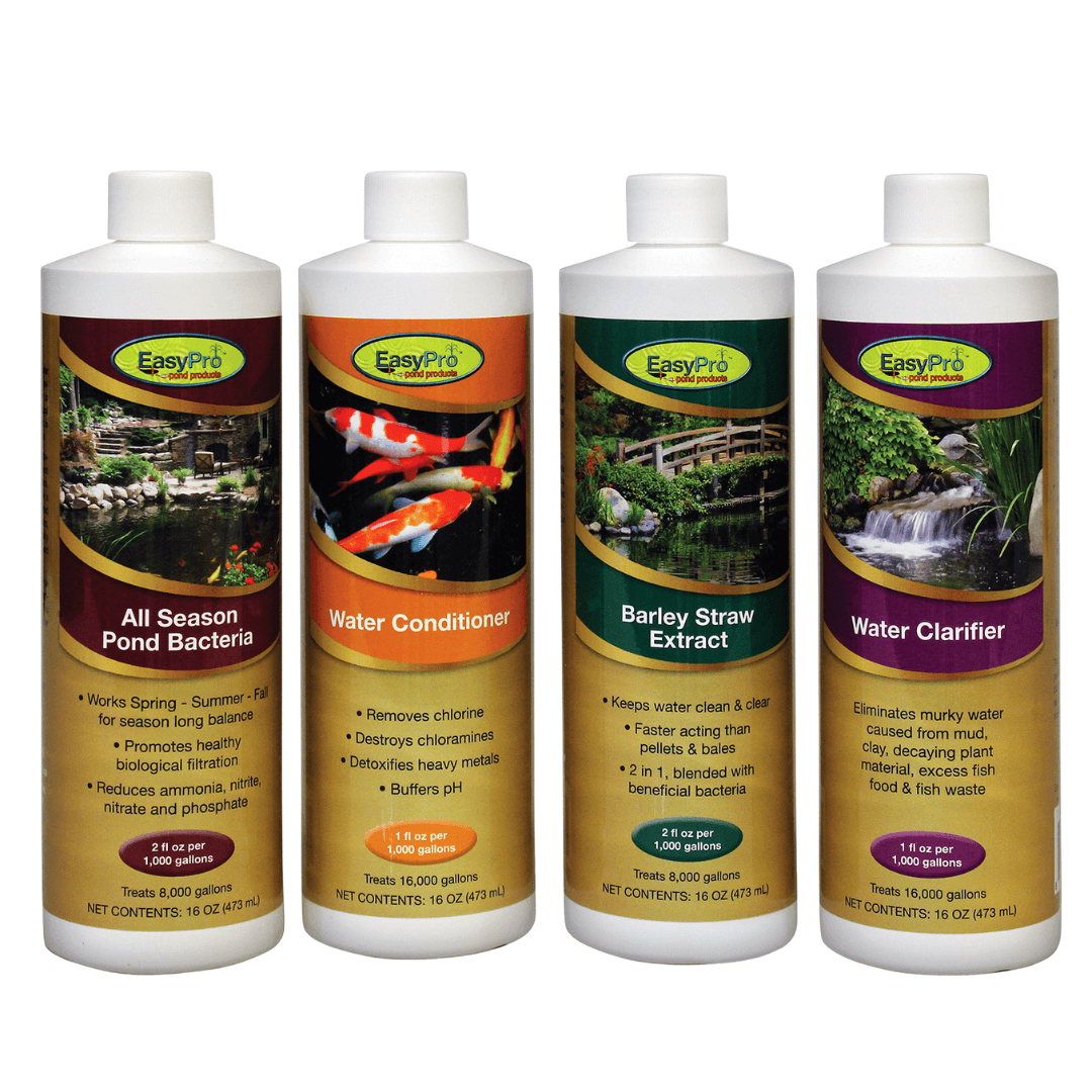 all-in-one pond water treatment package with clarifier, all season pond bacteria, liquid barley extract, and water conditioner bottles