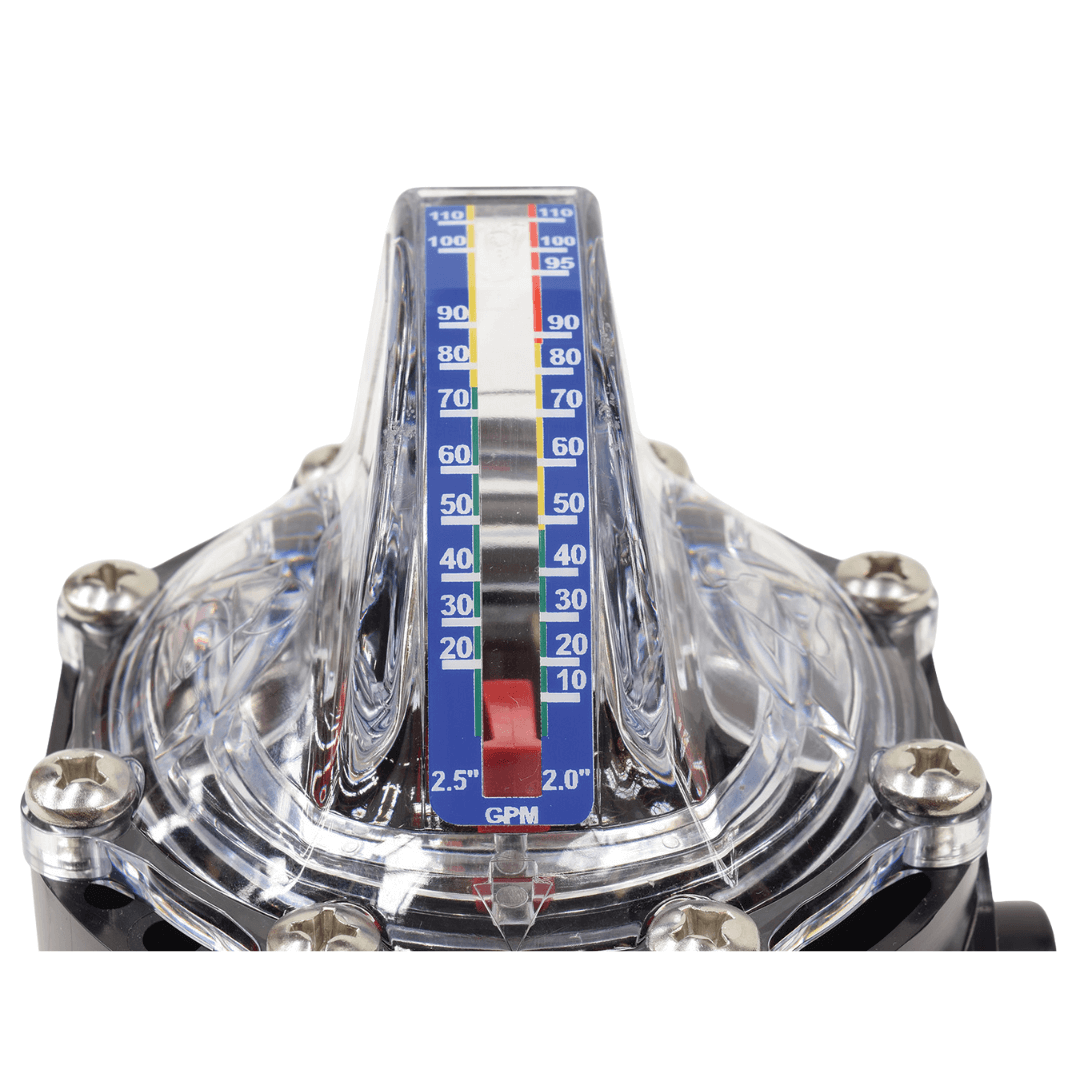 Inline flow meter for PVC pipe, clear in-line GPM gauge for 2-inch Sch 40 filter and UV systems, 10–110 gpm, 98% accurate