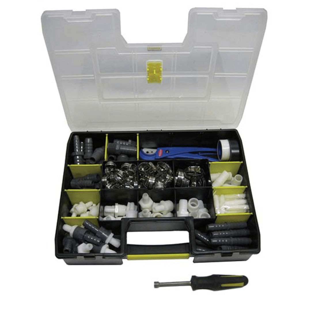aeration accessory tool kit with fittings in storage case with connectors, adapters, clamps, tubing cutter and nut driver
