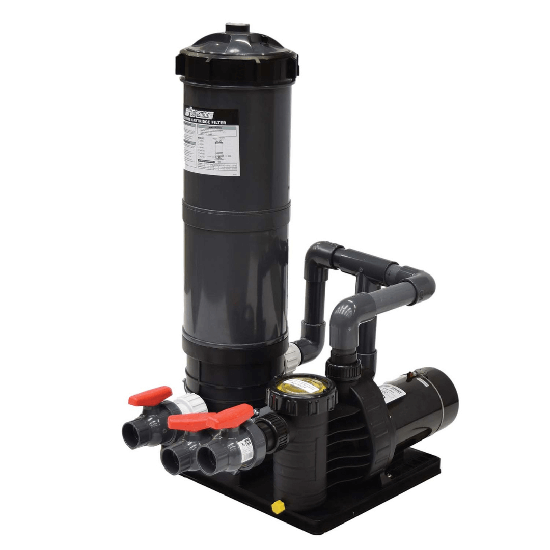 small skid mount fountain filtration system with 3/4 HP pump and cartridge filter, fully plumbed skid-mounted unit