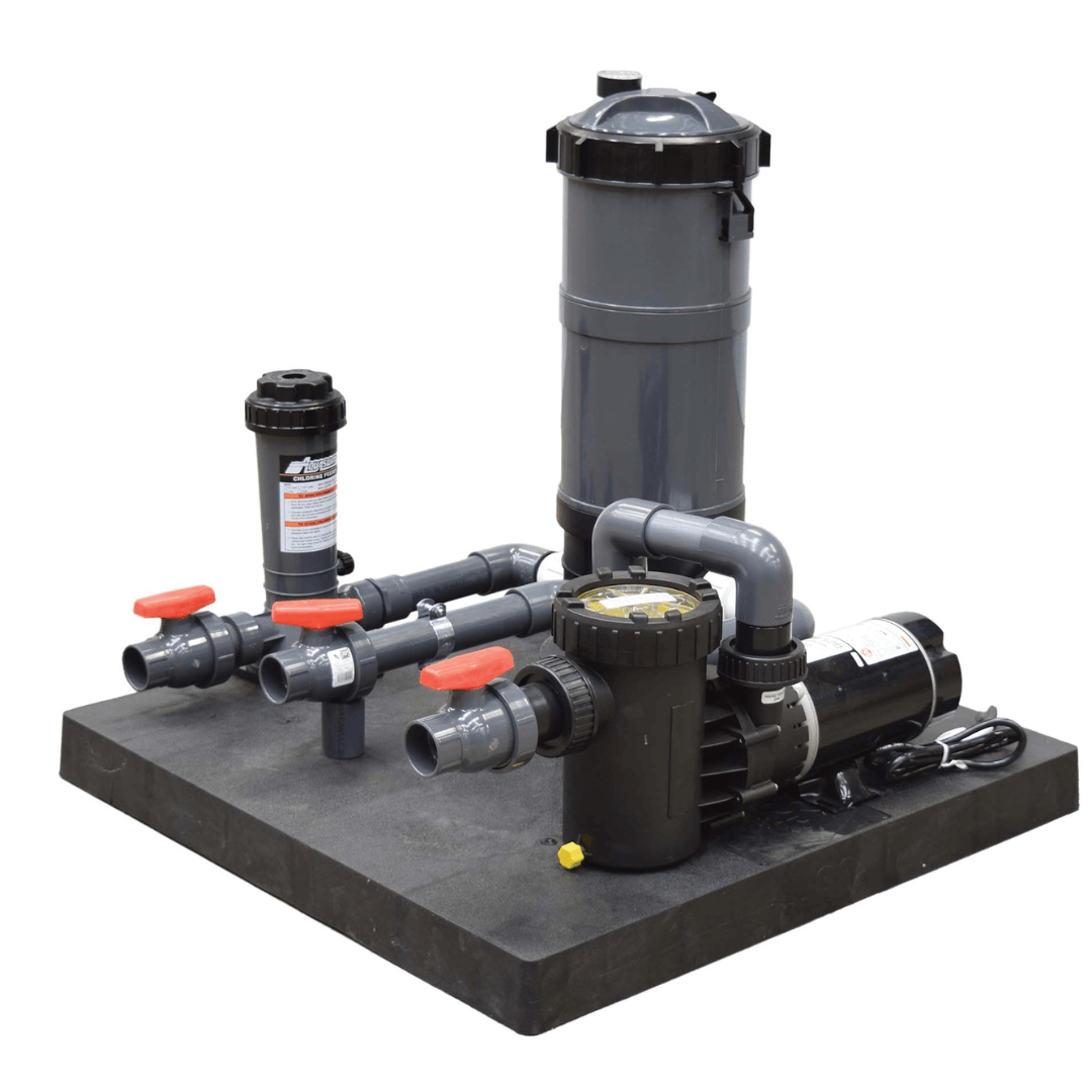 1 hp skid mount fountain filtration system with 1 HP pump, cartridge filter housing, chlorinator, and plumbing manifold on skid base