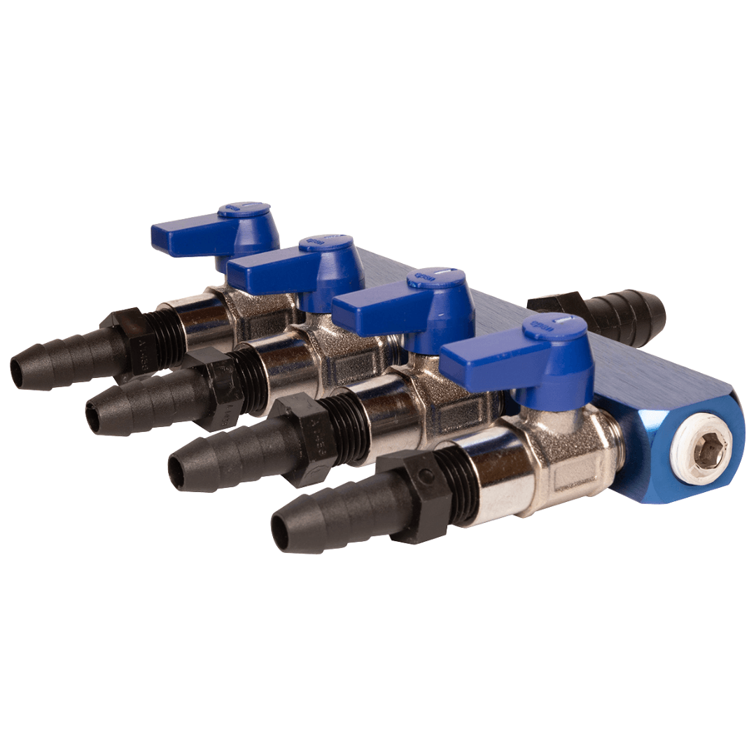 1/2 inch valved air and water line splitter 3-way aluminum manifold with blue ball valves and barbed fittings for high flow lines