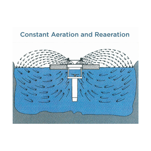 1/2 HP pond fountain aerator diagram showing constant aeration and reaeration circulation pattern for a floating pond fountain