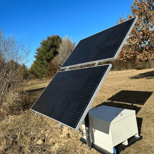 NitroAir 1 solar direct drive pond aeration system solar panel array with controller enclosure for off-grid pond oxygenation