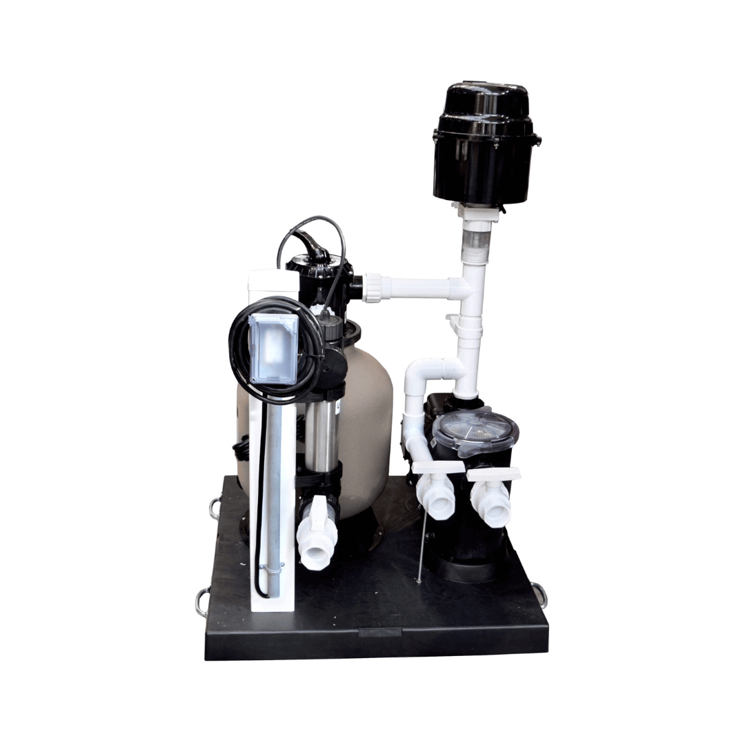 deluxe skid mounted pond filtration system with bead filter, self-priming pump and UV clarifier pre-plumbed on skid base
