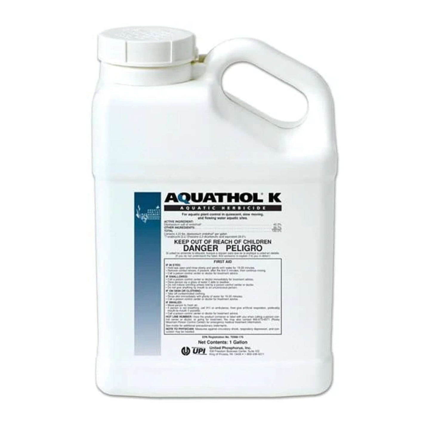 Alt Tag: Aquathol Super K Liquid Herbicide 1 Gallon aquatic herbicide jug for hydrilla pondweed and Eurasian milfoil spot treatment