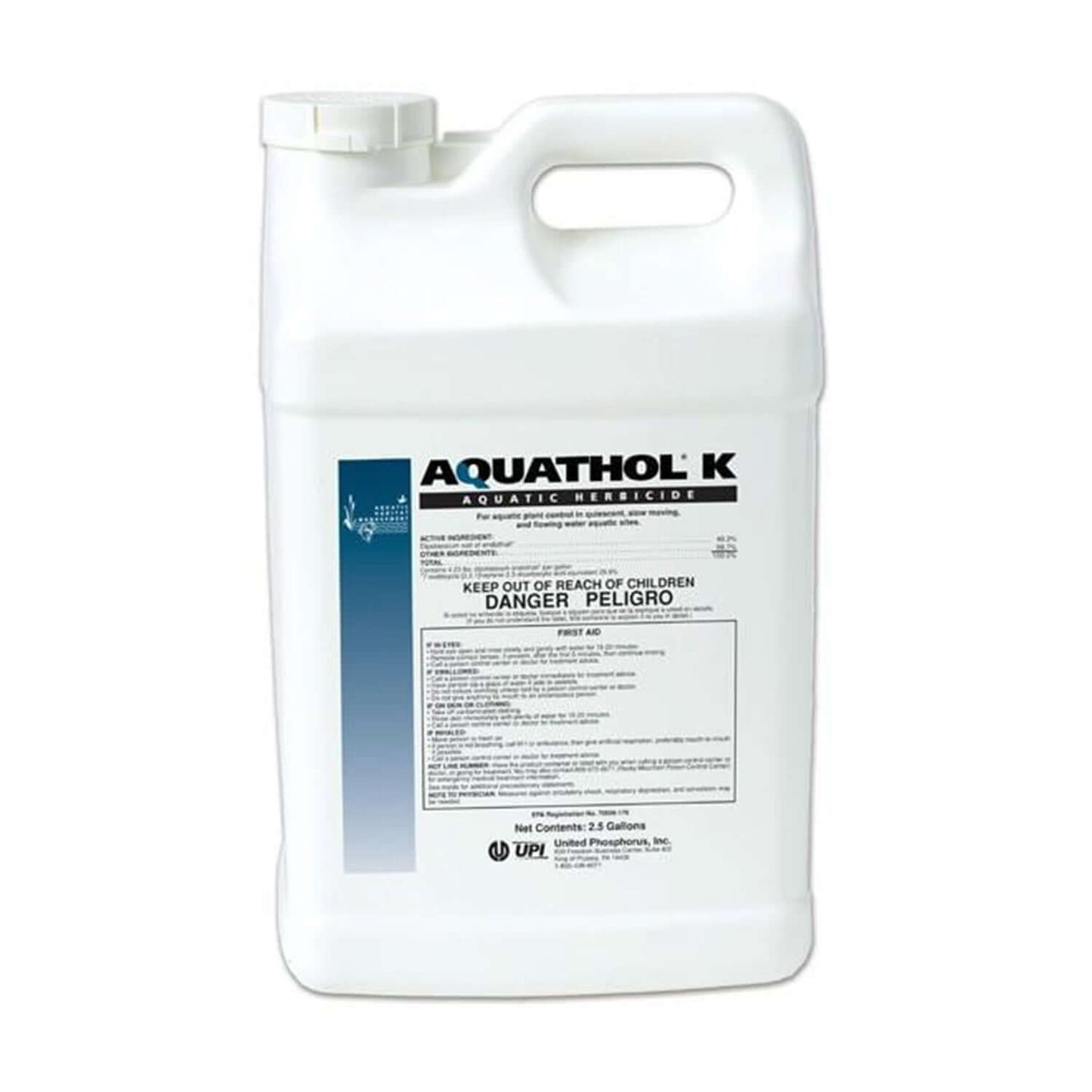 Aquathol Super K Liquid 2.5 Gallons aquatic herbicide jug for spot treatment of hydrilla, pondweed, Eurasian milfoil
