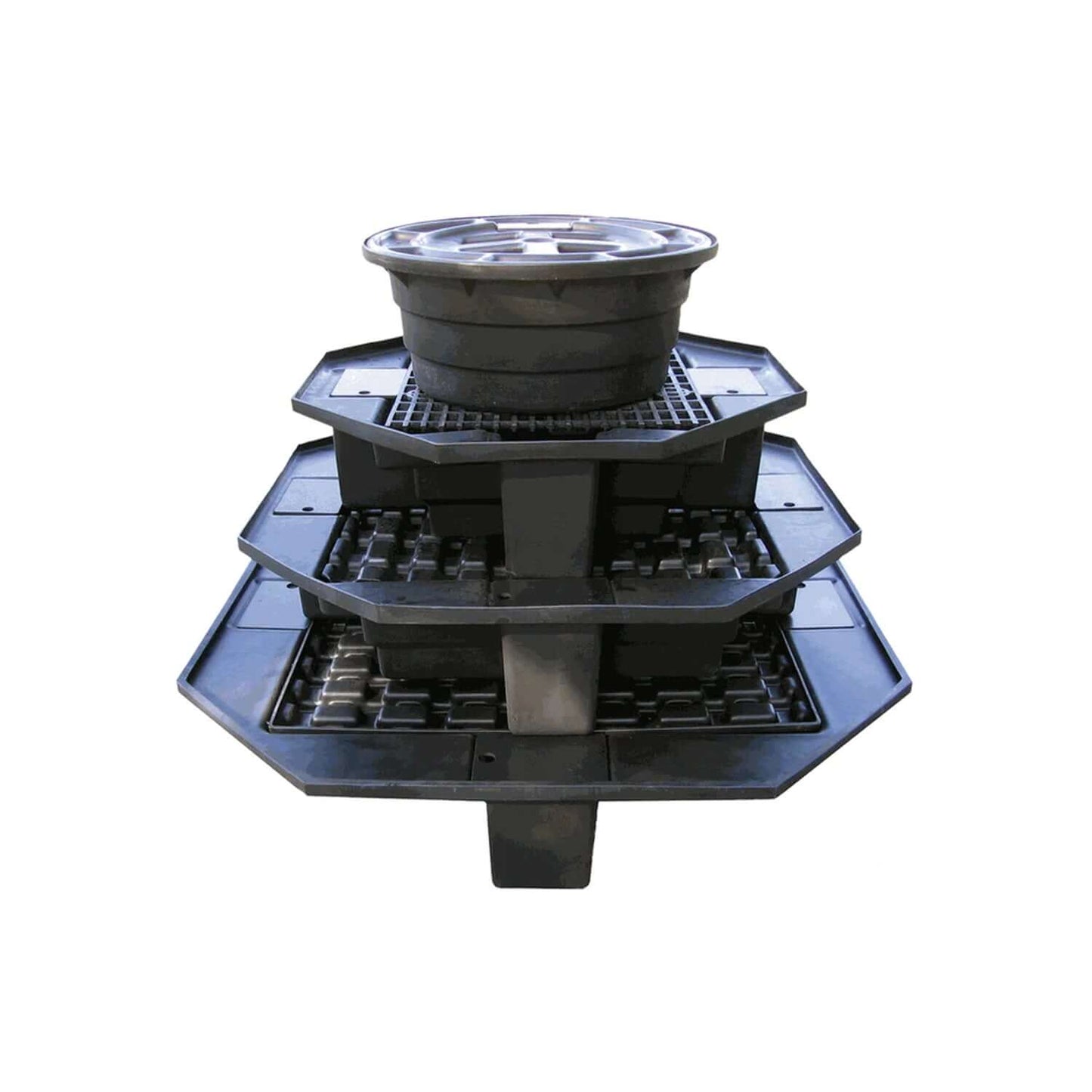 Alt Tag: Eco Series Heavy Duty Round 28" Basin roto-molded fountain basin with grating, multiple access doors for pumps, autofill and lights