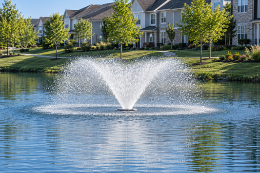 Otterbine Gemini floating fountain spraying a wide V-shaped plume in an HOA pond
