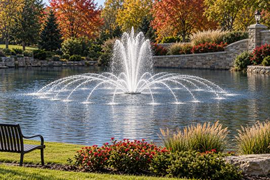 Otterbine Genesis floating fountain with a center spray and a ring of arching streams in a community pond