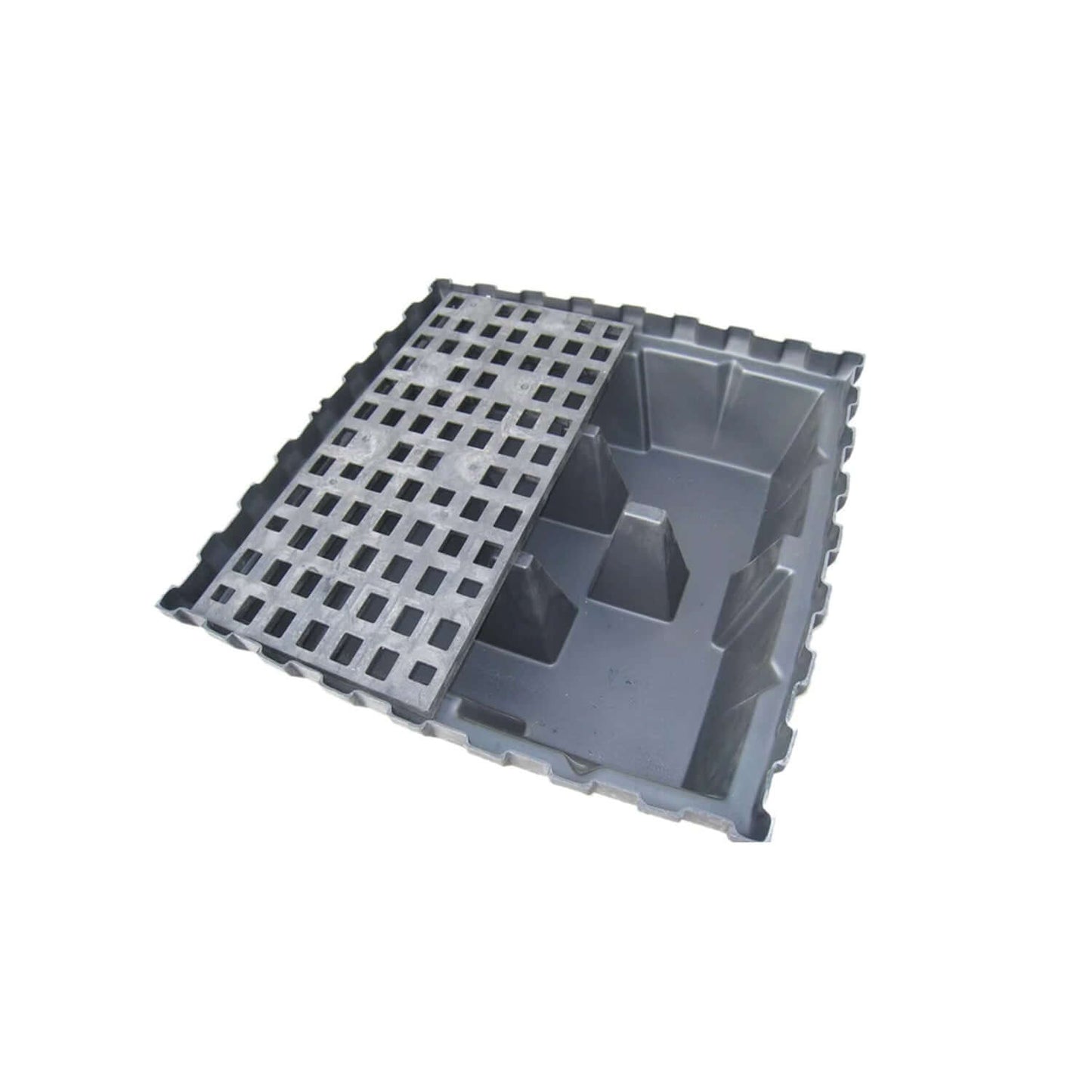 Heavy Duty Fountain Basin roto-molded self-supporting basin with heavy-duty grating and pump access door, 50x50"