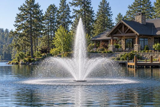 Otterbine Phoenix floating fountain with a tall center jet over a wide spray skirt on a lake
