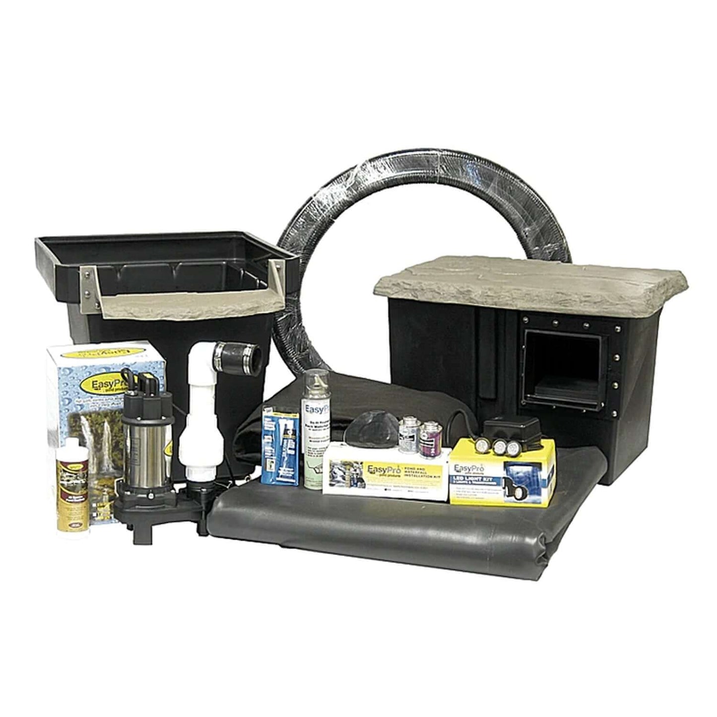 Pro-Series Medium Pond Kits with skimmer, medium AquaFalls filter, pump, liner, underlayment, flexible PVC pipe and check valve