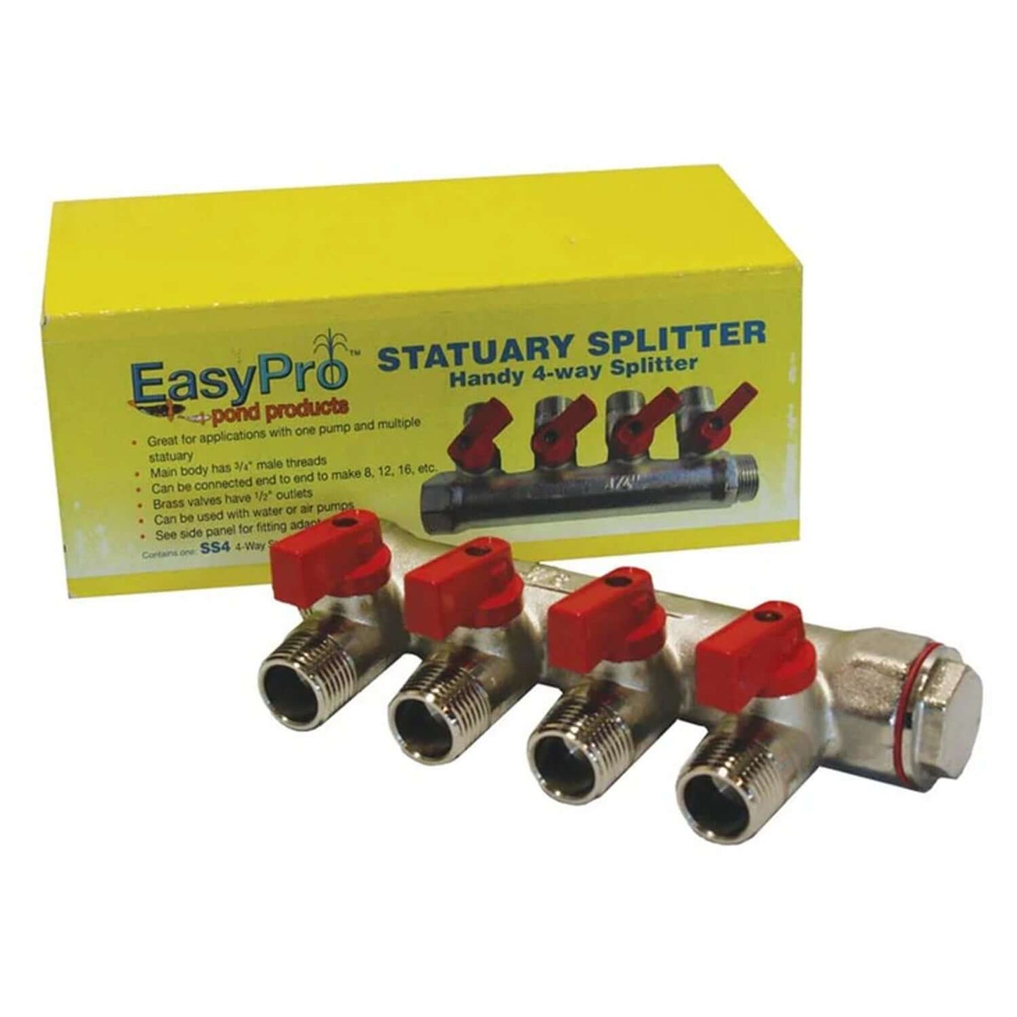 EasyPro statuary pump valve splitter manifold 4-way statuary splitter with red valves, 3/4 in main body threads, 1/2 in male valve threads