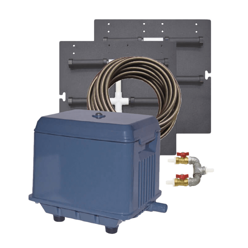 shallow pond aeration system kit up to 1/2 acre with quiet KLC80 compressor, tubing coil, and diffuser plates for ponds up to 7 ft deep