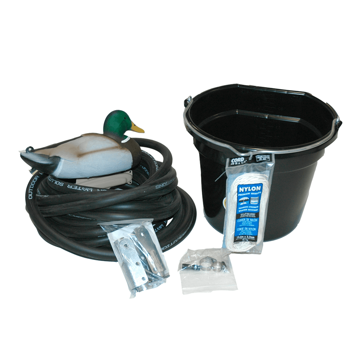 small pond windmill aeration accessory kit with weighted airline tubing, duck decoy marker, airstone bucket housing, hinges and fittings