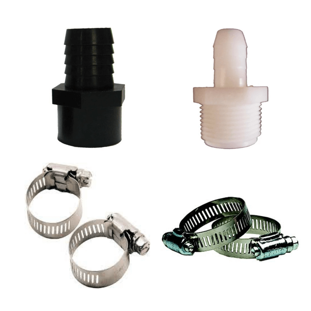 3/4 poly tubing barb fittings with clamps, 3/4 x 3/8 barb adapters and hose clamps for secure air/fluid line connection