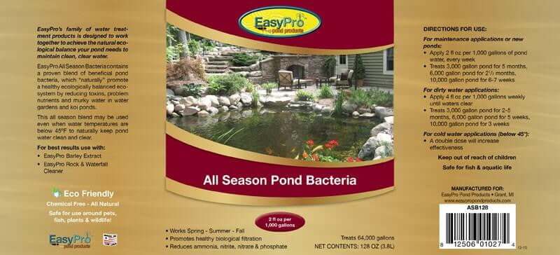 All Season Liquid Pond Bacteria - 55 Gallon Drum EasyPro all-season pond bacteria label for reducing sludge, breaking down fish waste, clarifying water