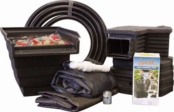 Eco-Series pond kit-Complete for a 15' x 20' pond with skimmer, filter media, pump, 45 mil rubber liner, underlayment, PVC pipe and glue