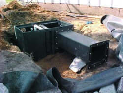 Alt Tag: Pro-Series Large Pond Skimmer Extension Tube installed in pond excavation, pond skimmer extension tube moving skimmer box away