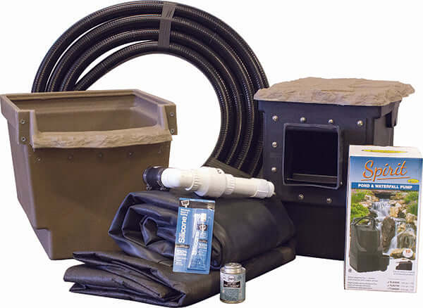 Pro-Series Mini Pond Kit - Complete for 6' X 10' Pond with skimmer, AquaFalls filter, 45 mil liner, underlayment, flex PVC pipe and pump