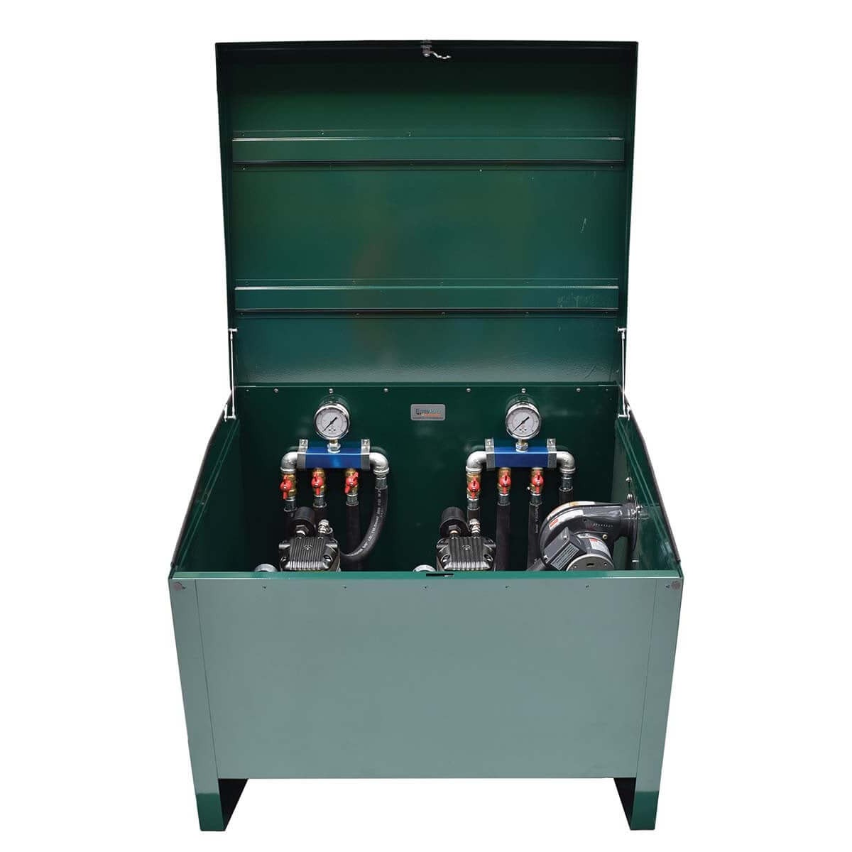 3/4 HP rocking piston pond aeration system with 6 diffusers in cabinet with dual compressors and pressure gauges
