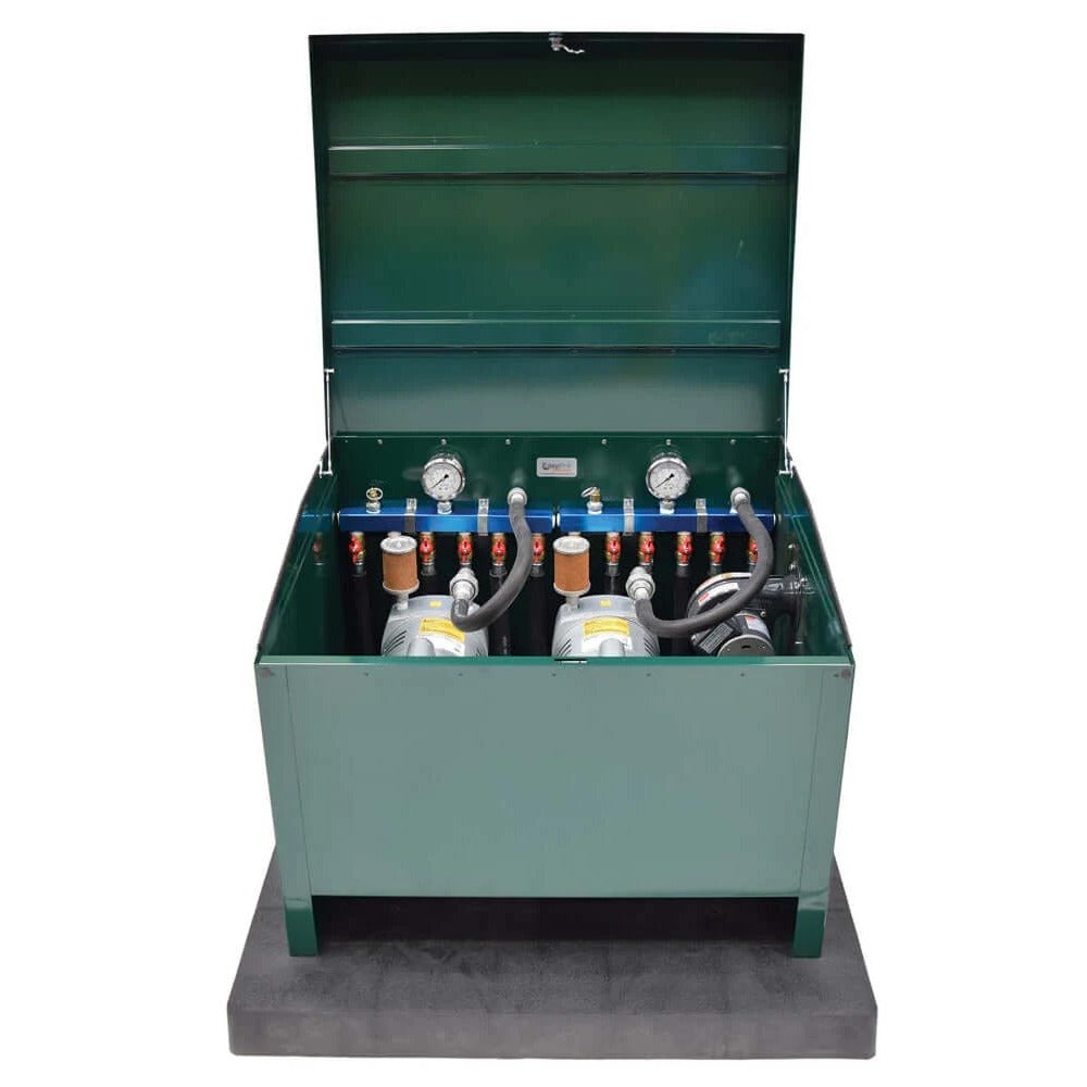 1/4 HP rotary vane pond aeration system in cabinet with gauges and dual pumps, 115V setup for pond and lake aeration