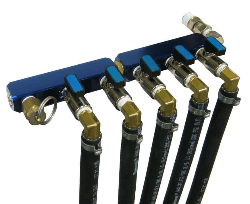 5 outlet valved pond diffuser air manifold with 5 valve outlets and hoses for rocking piston compressor pond aeration