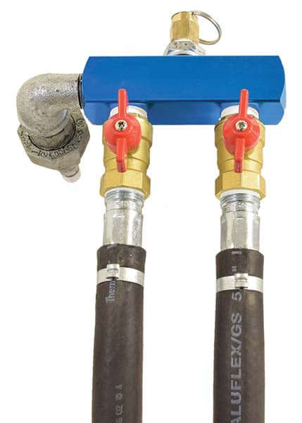 rotary vane two valve outlet for dual pond diffusers air manifold assembly with two red valves and hoses for controlled airflow