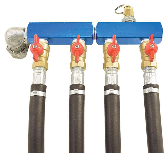 rotary vane compressor 4 valve outlet air manifold four-valve outlet assembly with red shutoff valves and hoses for pond diffusers